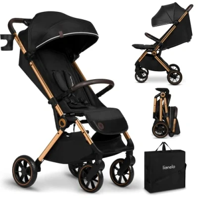 Image de LIONELO Cloe Poussette Pliable Bébé jusqu&#039;à 22 kg Réglage du Dossier Fonction Sommeil Harnais à 5 Points Grandes Roues Pivotantes Moustiquaire Compacte Imperméable (noir)