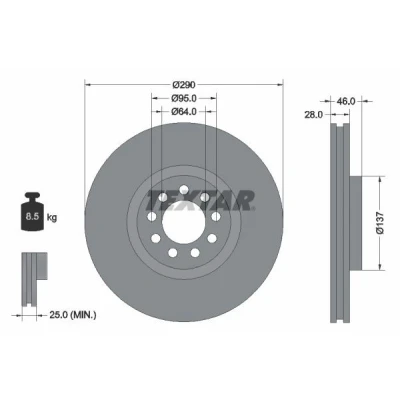 Image de TEXTAR 92155700 Disque de frein 290 28 09/09 95 ventilé l&#039;intérieur sans boulon fix roue, moyeu roue