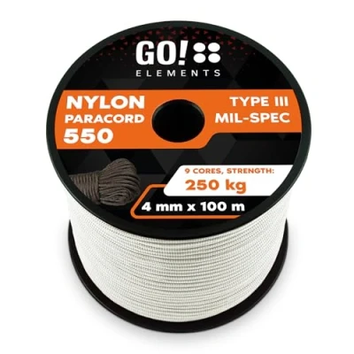 Image de GO!elements 100m Paracorde en Ficelle Nylon 4mm 550 Typ III Corde approprié Fil de Peche Nylon, Filet éthologique, etc. Max. 250kg, Coleur: Blanc