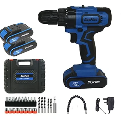 Image de Perceuse visseuse sans fil 45 Nm Max. couple de serrage 21 V 2 x 1,5 Ah Batterie Li Ion 18 + 1 niveaux couple, interrupteur avant et arrière, vitesses, lumière LED