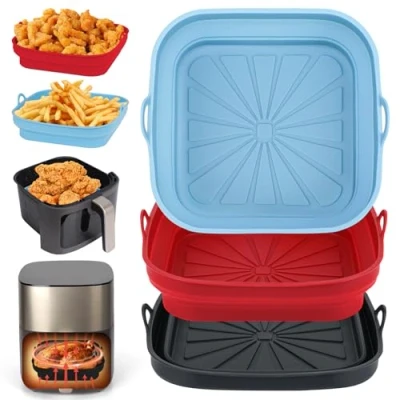 Image de Alyvisun Moule Silicone Air Fryer, 3 Pièces Panier Friteuse à Chaud Réutilisable Airfryer Plat Carré Pliable Doublure Liners pour Air, Micro ondes, Four (Rouge+Noir+Bleu Ciel)