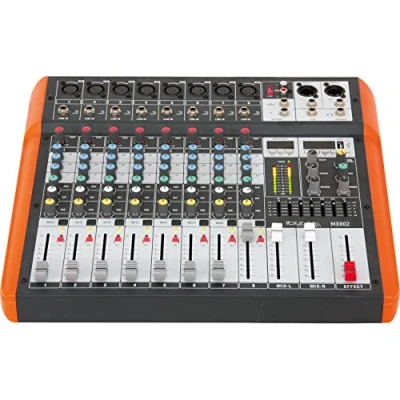 Image de Ibiza MX802 Table de mixage complète semi professionnelle à 8 canaux (égalisateur bandes) avec entrées MONO et sorties REC, RCA, casque AUX Bluetooth &amp; USB Noir orange