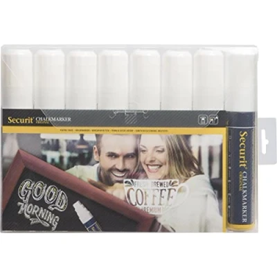 Image de Securit Pochette de 8 marqueurs à craie liquide pointe biseautée 7 15 mm Blanc