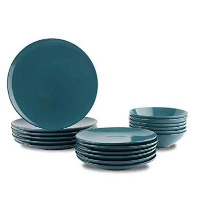 Image de Amazon Basics Service de table 18 pièces en grès, pour 6 personnes, Bleu sarcelle foncé