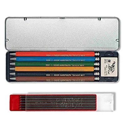 Image de Koh I Noor VERSATIL 5217 Lot de 12 porte mines dans un étui en métal, différentes couleurs (6 pièces) et graphite 2 mm 2B