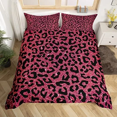 Image de Parure de lit décorative en microfibre avec housse couette à imprimé léopard et guépard paillettes pour enfants, garçons filles motif géométrique rose simple