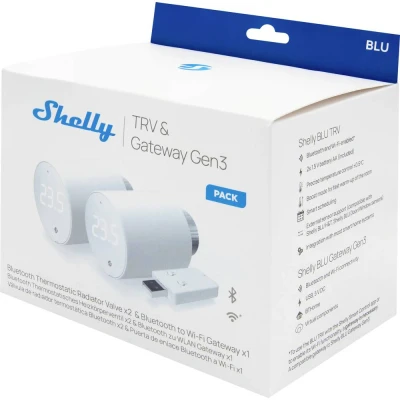 Image de Shelly Blu TRV &amp; Gateway Gen3 Tête thermostatique connectée Bluetooth avec Passerelle Wi FI (USB A), Commande à Distance par app, Économies d&#039;énergie, Écran Rotatif Lot de 2