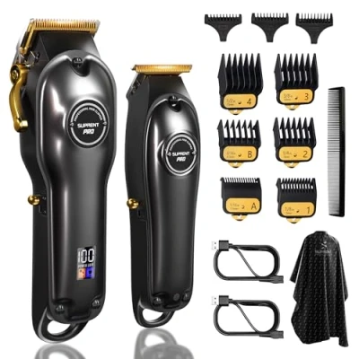 Image de SUPRENT Tondeuse à Cheveux Professionnelle pour Homme Kit de Coupe et Lame en T Zero Gap, Ensemble Barbier Sans fil Avec écran LED (Noir)