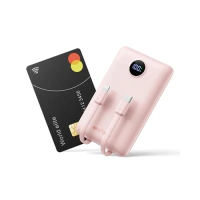 Image de Batterie Externe 10000mAh, WeeFancy Power Bank Charge Rapide PD 22.5W avec Câbles Intégrés USB C Sortie, Mince Légère Portable Chargeur Affichage LED, Universel Compatible iPhone/Samsung (Rose)