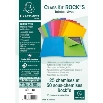 Image de Exacompta Réf. 55542E Kit de classement class&#039;kit 25 chemises ROCK&#039;&#039;S 210 g/m2 dimensions 24x32cm + 50 sous 80 22x31cm Certifié PEFC™ 10 couleurs assorties