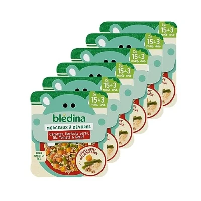 Image de Blédina Morceaux à Dévorer Petits Plats Bébé Carottes, Haricots Verts, Riz Tomaté &amp; Bœuf Dès 15 Mois Le Pack de 6 200g