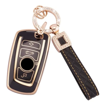 Image de Koaudb Coque intégrale pour clé de voiture BMW souple en TPU noir doré avec cordon porte clés cuir 1 3 4 5 6 7 Series X3 X4 M5 M6 GT3 GT5 boutons Smart Key Case (BP BM 4A)
