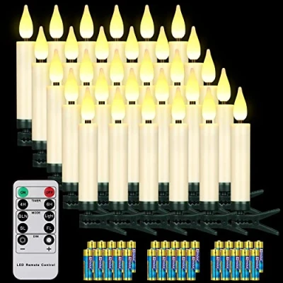 Image de yunsheng Lot de 30 bougies LED sans fil pour sapin Noël avec télécommande Minuterie Fonctionne piles Flamme vacillante Guirlande lumineuse IP64 (contient piles)