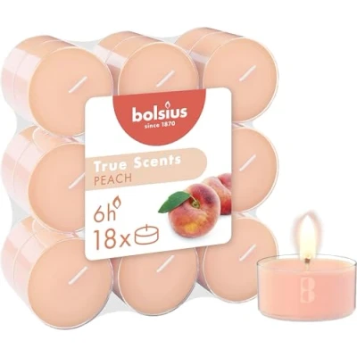 Image de Bolsius True Scents 18 Bougies Chauffe Plat Parfumées Pêche Temps de Combustion Long 6 Heures Diamètre 39 mm Extraits Naturels Contient la Cire Végétalienne Sans Huile Palme