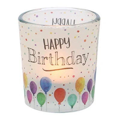 Image de Dekohelden24 Photophore en Verre à Motif sur Une banderole Transparente, avec 1 Bougie Chauffe Plat, H x Ø 6,5 6 cm, Happy Birthday.