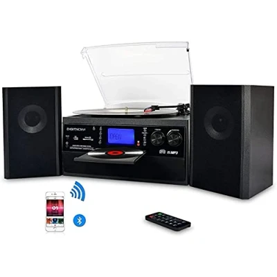 Image de DIGITNOW! Tourne Disque Bluetooth Viny pour CD, Cassette, Radio AM/FM et entrée auxiliaire, Port USB encodage SD, télécommande, avec Haut parleurs stéréo autonomes