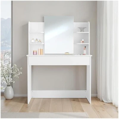 Image de TecTake 403850 Coiffeuse avec Miroir et Tiroir Table de Maquillage en Bois Design Moderne Meuble Blanc