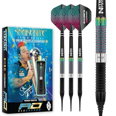 Image de RED DRAGON Peter Wright Snakebite World Champion Diamond Fusion SE Softip Ensemble de fléchettes Professionnelles 18 grammes Comprenant des Vols et Arbres (tiges)