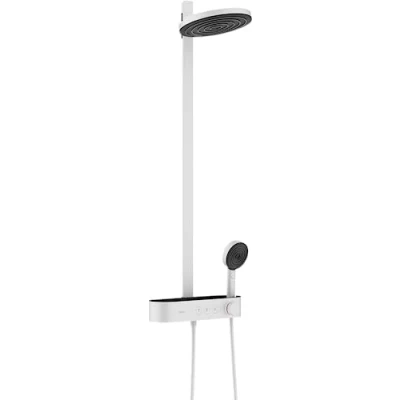 Image de hansgrohe Pulsify S Colonne de douche avec mitigeur thermostatique, pluie (⌀ 260mm) robinet, douchette, support, flexible douche, barre et tête ronde 2 jets, Blanc mat