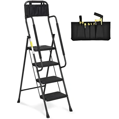 Image de HBTower Escabeau à 4 marches avec Rampe, marchepied Pliable Sac Outils Amovible et Large pédale antidérapante pour la Maison, Cuisine, Le Garde Manger, Bureau, capacité de 150 kg