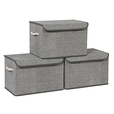 Image de SONGMICS Boîtes de Rangement en Tissu, Lot 3 Coffres, Bacs avec Couvercle, Poignées Coton, Motif Lin Gris RFB013G02