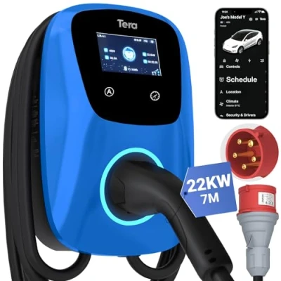 Image de Tera Chargeur EV Smart APP: 32 A Type 2 22 KW Station de Charge 400 V CE &amp; TÜV Wallbox 7 m Câble avec Support Contrôle Application Prise CEE 3 Phases pour Tous Les Bleu Vif