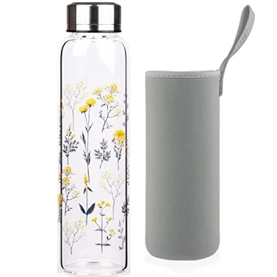 Image de Reeho Bouteille d&#039;eau en Verre, Gourde Verre avec Housse Néoprène et Bouchon Acier Inoxydable, sans BPA, 500ml / 1000ml 1 Litre (1000ml, Branches Fleuries)