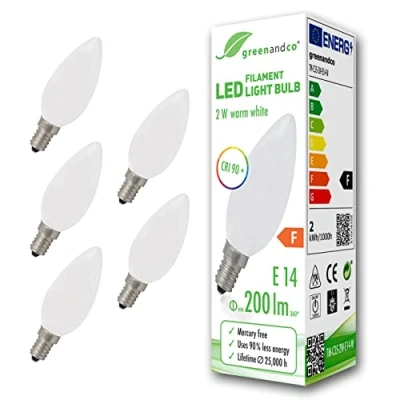 Image de greenandco 5x IRC 90+ Ampoule à Filament dépolie LED E14 2W (équivalent 20W) 200lm 2700K (blanc chaud) 360 230V Verre, aucun scintillement, non gradable