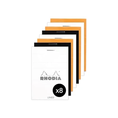 Image de RHODIA 11600AMZC Un lot de 8 Bloc Notes Agrafé N11 A7 Ligné 80 Feuilles Détachables g/m² 3 couleurs assorties (Orange, noir et blanc)
