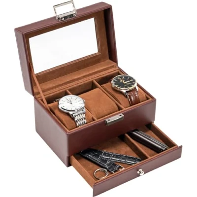 Image de Procase Boite a Montre à 3 Emplacements Coussins Montre, Range Antichoc avec Couvercle en Verre, pour Voyage Marron