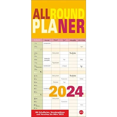 Image de Agenda mural coloré 2024 pratique avec 5 colonnes. Calendrier vacances scolaires et vue sur 3 mois. 2024, 21 x 45 cm.