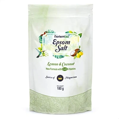 Image de Nortembio Sel d&#039;Epsom 180 g. de Bain Arôme Citron et Noix Coco. Sulfate Magnésium Hydraté avec la Vitamin C E. Détente Musculaire, Aromathérapie Bon Sommeil. E Book Inclus.
