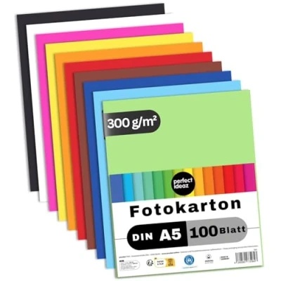 Image de perfect ideaz 100 feuilles de carton photo A5, bricolage, teinté dans la masse, en 10 coloris différents, grammage 300 g/m², à qualité élevé