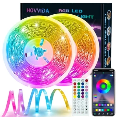 Image de HOVVIDA Ruban LED 30M, 30 LED/Mètre, 2x15M, 24V RVB Bande LED, 900 APP et Télécommande, Synchronisation de la Musique, Mode Minuterie, pour Chambre, Salle Jeux, Fête, Festival