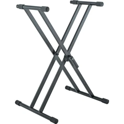 Image de K&amp;M 18990 pied de clavier Rick Noir en acier robuste X avec levier serrage, supports caoutchouc et échelle graduée