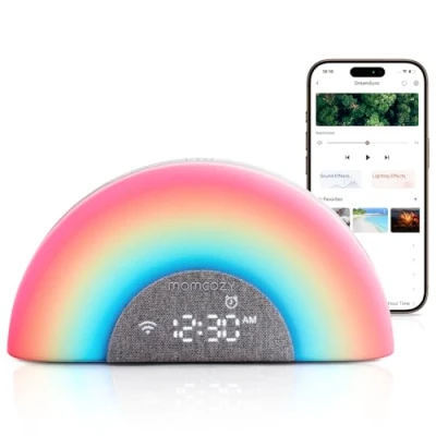 Image de Momcozy DreamSync™ Machine à Sons Bébé 34 Bruitages Apaisants, Veilleuse Connectée par App, Programmeur de Sommeil avec Alarme Levé Soleil et Haut parleur Sans Fil