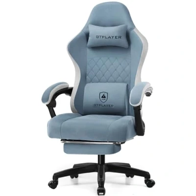 Image de GTPLAYER Chaise de gaming ergonomique avec surface en tissu, coussin siège à ressort, accoudoirs connexion et repose pieds, bleu clair