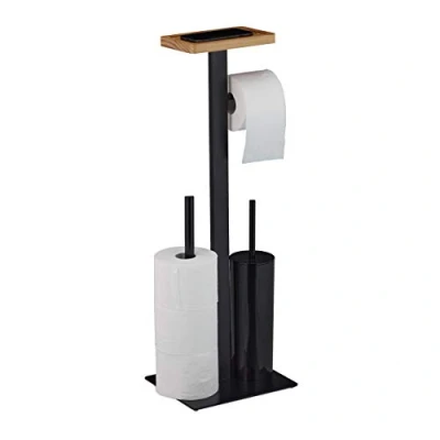 Image de relaxdays Brosse WC et dérouleur Papier, Design Moderne, avec Support pour Portable, HLP 73 x 25 20 cm, Noir, 1 élément