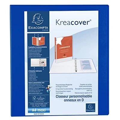 Image de Exacompta réf. 51823BE 1 Classeur opaque rigide personnalisable 3 poches 2 anneaux en D de 40 mm Dos 64 Dimensions extérieures : 32 x 28,5 cm Format à classer A4 Maxi Coloris bleu