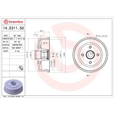 Image de BREMBO 14.E311.50 Tambours de Frein avec kit roulement roue 200,1mm OPEL: Corsa C 3/5 portes, Tigra Twintop, VAUXHALL: Mk2