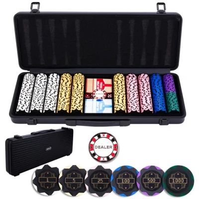 Image de Engelhart 320961 Set Poker Mallette en métal Noire 500 jetons 14g numérotés (1 à 1000) + 2 Jeux de Cartes, 1 Bouton Croupier, 5 dés