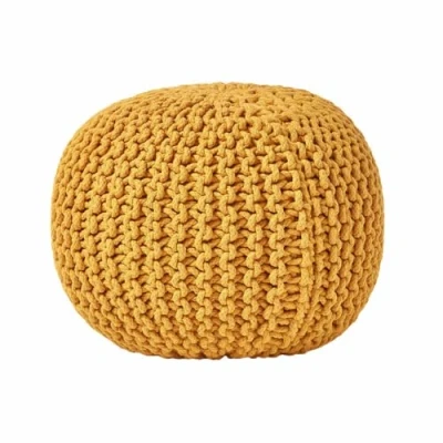 Image de HOMESCAPES Pouf Rond tressé en Coton, Tricot Coloris Jaune Moutarde, 40x35 cm