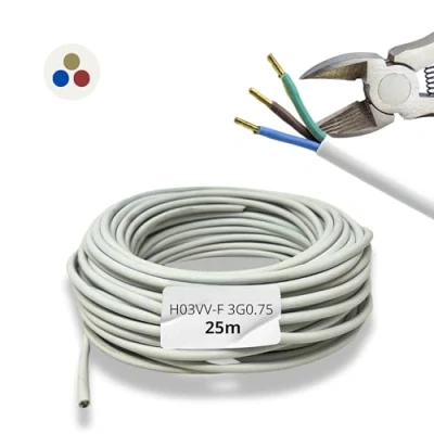 Image de HALOTEC 25 mètres Câble électrique 3 fils 3x0.75 pour Extensions H03VV F d&#039;installation de courant PVC Blanc Gaine Ronde triphasé