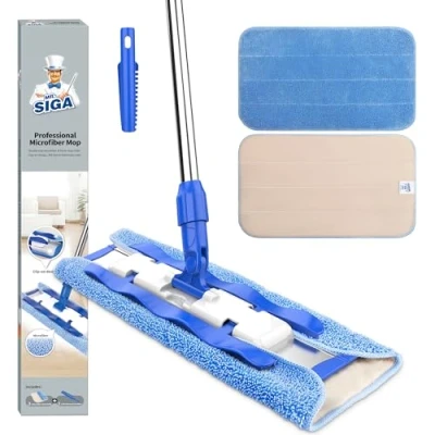 Image de Mr.SIGA Balai à Plat Professionnel avec Manche INOX, Lavette Microfibre. Fourni 3 lavettes Microfibre réutilisables et Un Peigne de Nettoyage du Tissu