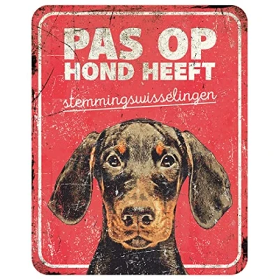 Image de D&amp;D Home, Panneau d&#039;avertissement Attention au Chien, 25x20x0,3 cm, Version néerlandaise, Fond Rouge, en métal résistant à la Rouille avec Un Texte Amusant