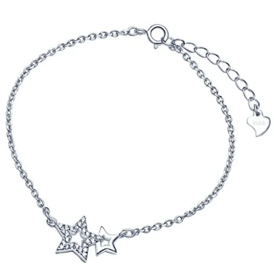 Image de Yumilok Bracelet extensible femme en argent 925 et zirconium blanc d&#039;argent deux étoiles brillants se lient la chaîne de maillon élégant
