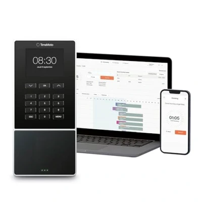 Image de TimeMoto TM—616 Pointeuse badgeuse basée sur le cloud avec pointage par RFID et code PIN, pour 200 utilisateurs maximum, planification, rapport les heures travaillées, Wi Fi
