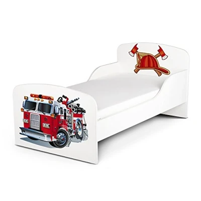Image de Leomark Moderne Lit d&#039;enfant Toddler avec Matelas Couleur Blanc Motif: Pompiers Chambre pour Les Enfants Meubles Confortable Fonctionnel Simple Zone de Couchage 70/140 cm