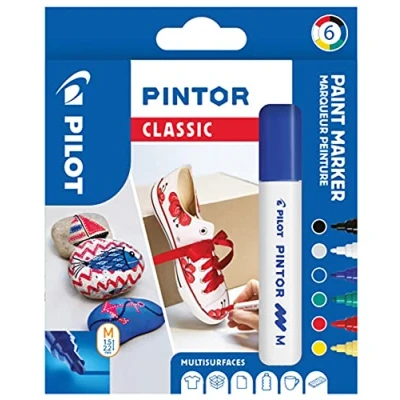 Image de PILOT Pochette de 6 Pintor Marqueurs Peinture Multi Supports à Base d’Eau, Séchage Rapide Textile, Verre, Bois, Pierre, DIY Couleurs Assorties Classiques Pointe Moyenne
