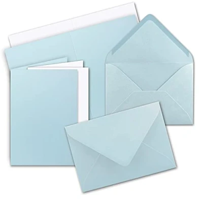 Image de Lot de 10 Cartes pliantes format A5 Bleu clair avec enveloppes C5 et feuilles intérieures assorties en blanc vierges 14,8 x 21 cm